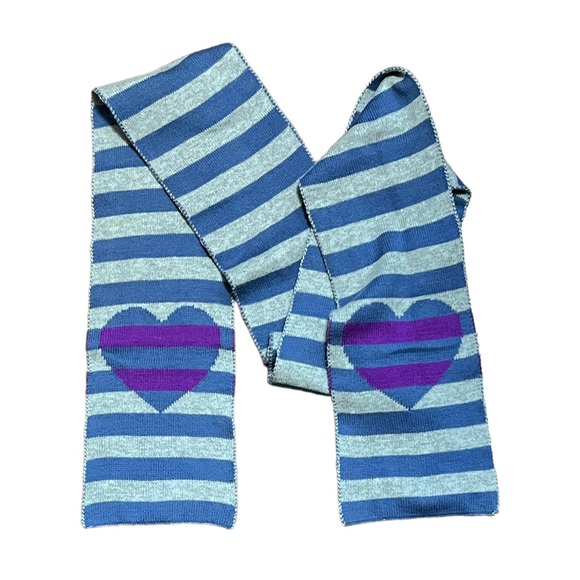 Blue & Gray Stripe Scarf with Purple Stripe Hearts 5” x 57” - Picture 1 of 3